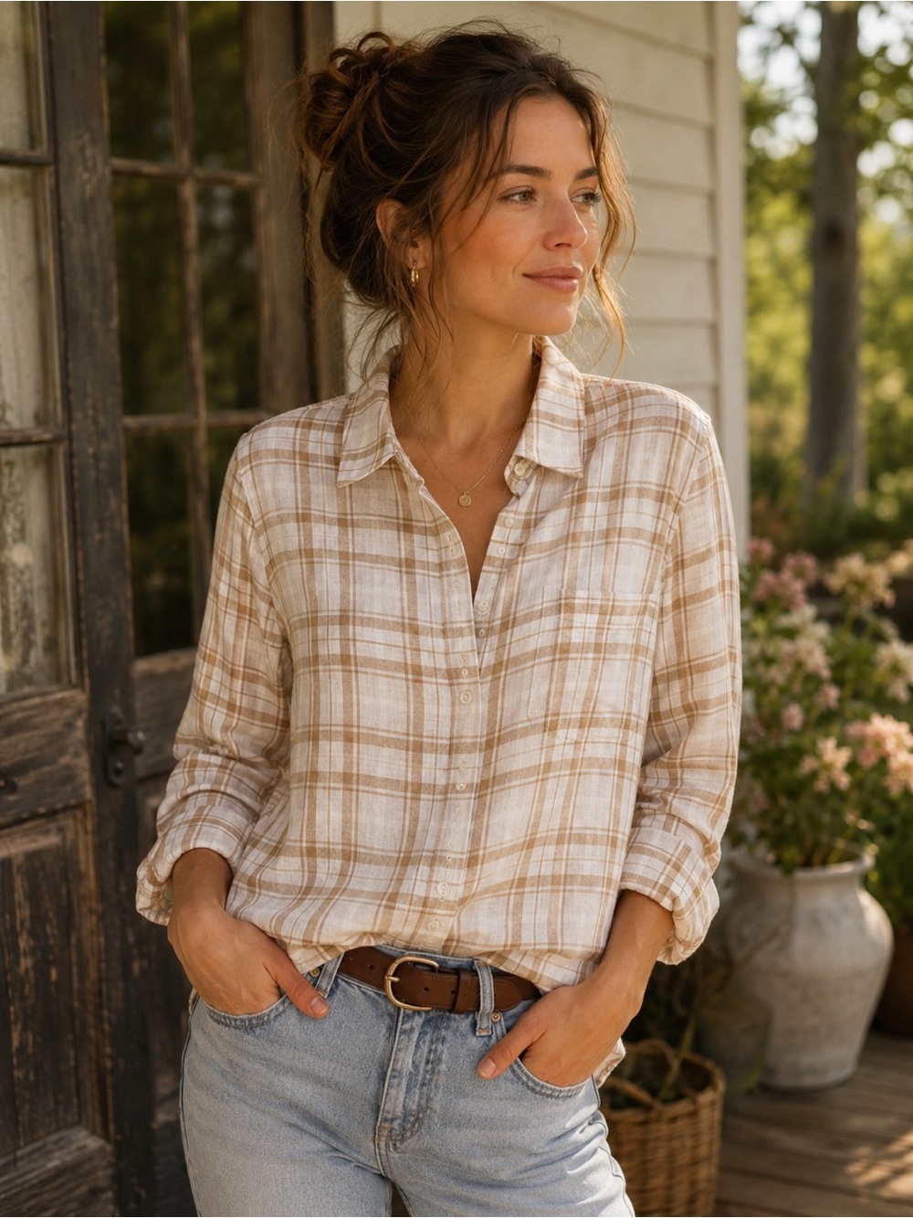 🤎 Old Navy Plaid 100% Cotton Button Front Shirt Medium